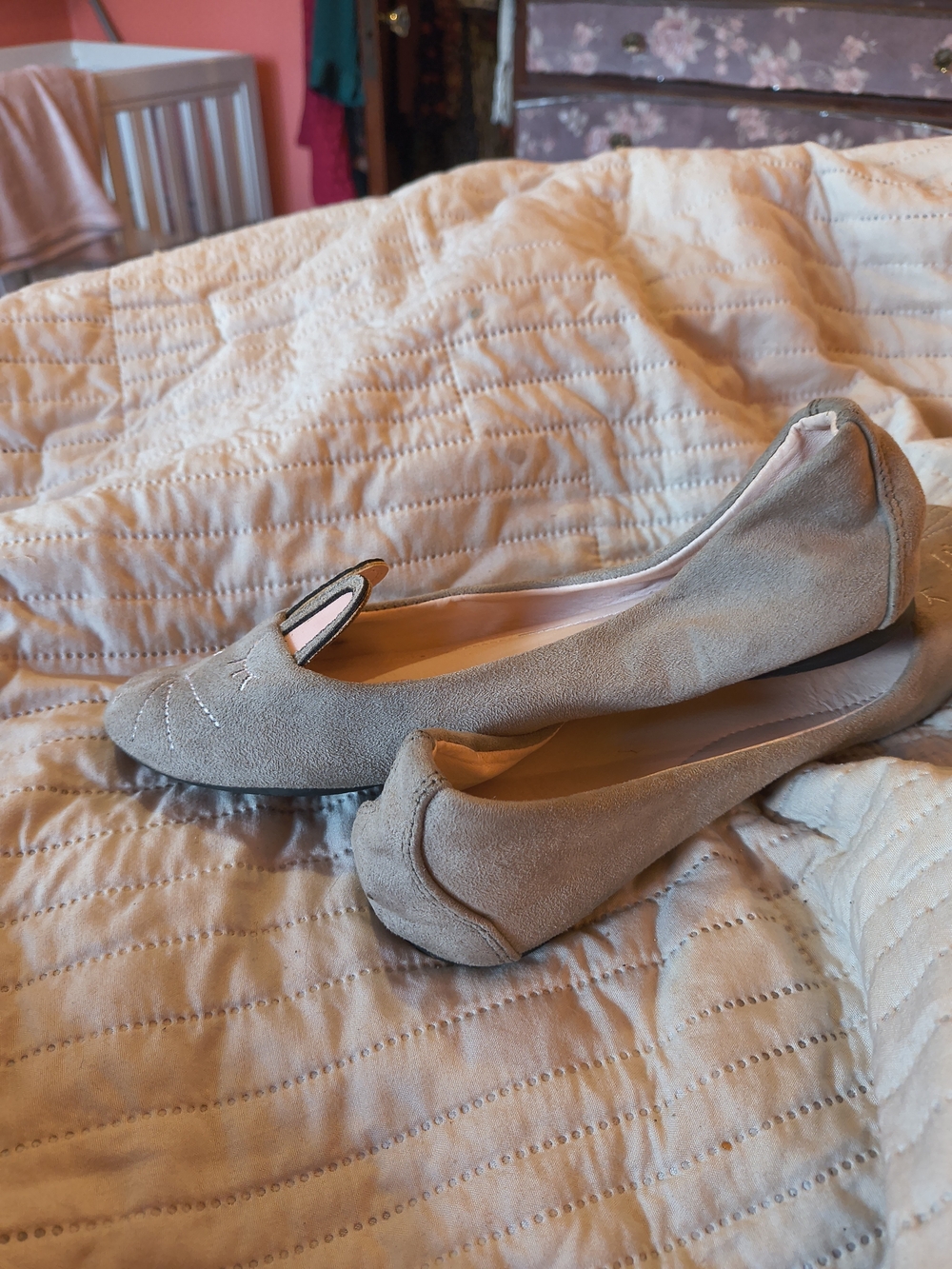 T.U.K Grey Suede Ballet Flats with Rabbit Ears And Embroidered Face. 6.5 - Picture 8 of 8